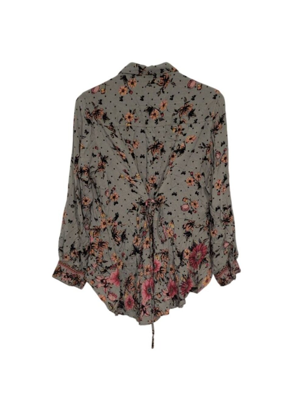 Lola P Floral Shirt Womens Size Large Green Boho Roll Tab Sleeves Button Front - Picture 10 of 12